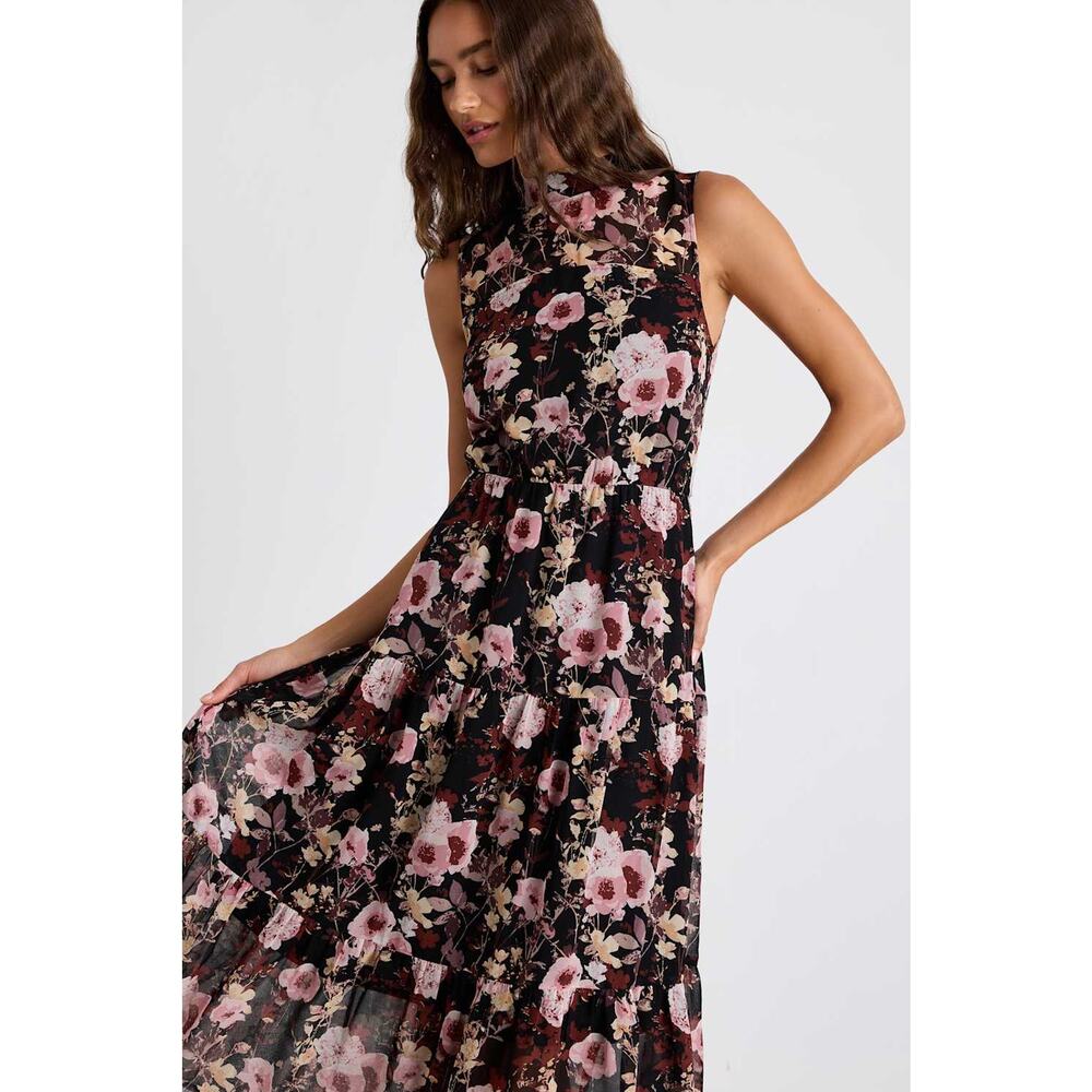 NWT Lulus In My Dreams Black and Pink Floral Print Midi Dress Tiered Cruise Sz S - Picture 6 of 8